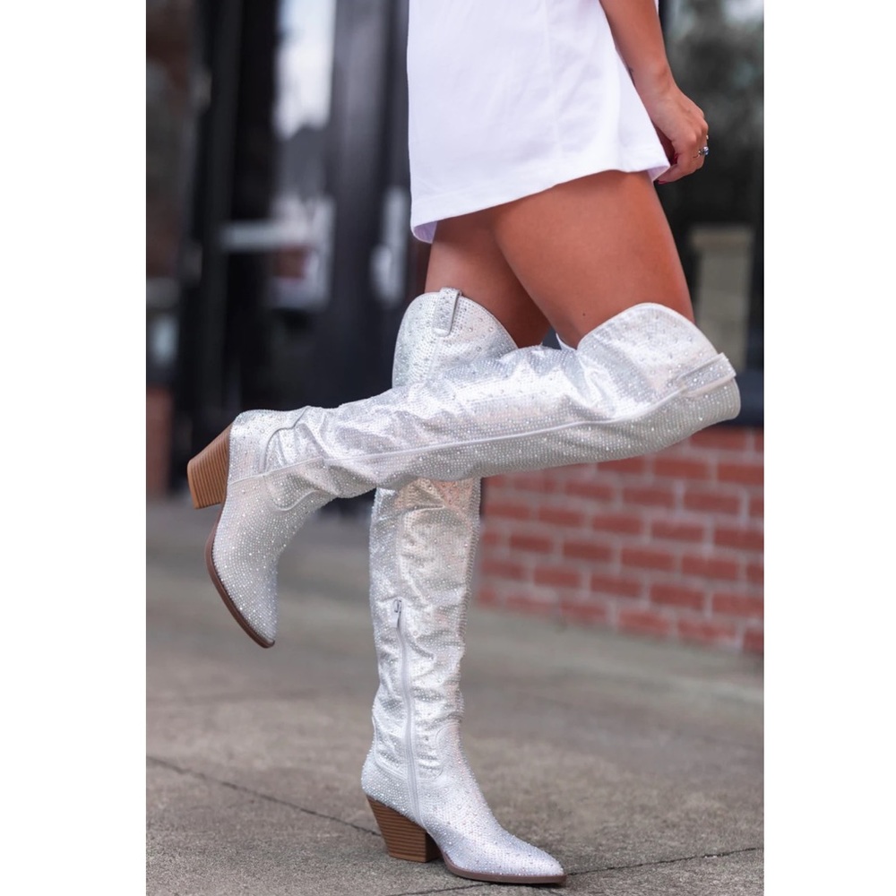 NEW Silver Thigh High Western Style Bedazzled Cowboy
Boots - Picture 3 of 14